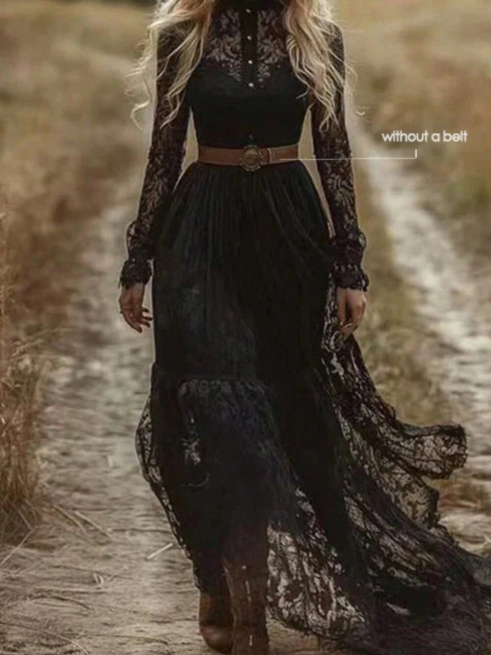 Victorian Black Lace Maxi Dress High Neck Long Sleeve Gothic Boho Gown - Picture 4 of 13